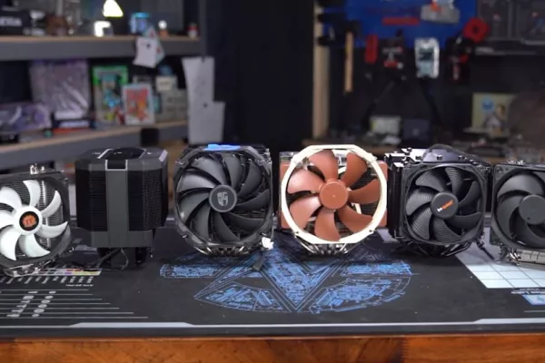 Various CPU air coolers on a table